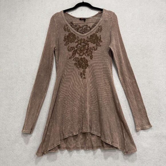 T Party Tops - T-Party Tunic Top Womens Brown Long Sleeve Embroidered Floral High Low Made USA